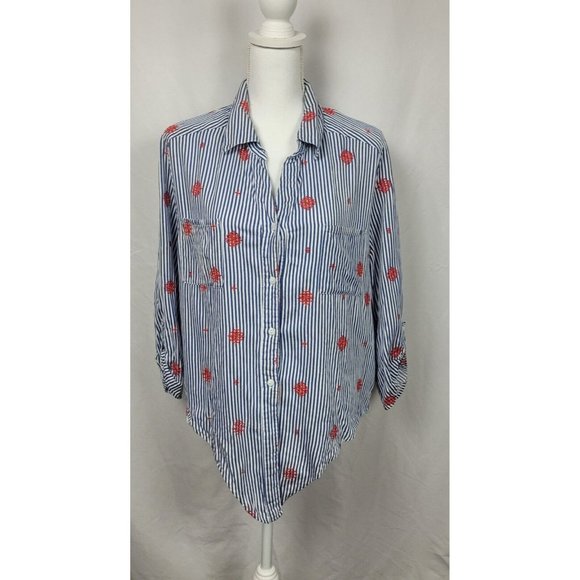 Ruby Rd. Tops - Ruby Rd. Woman's Blue Stripe floral embroidered button up roll up sleeve Size XL